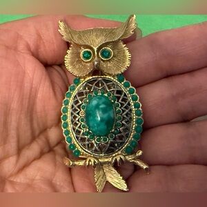 Gold and Green Owl Brooch